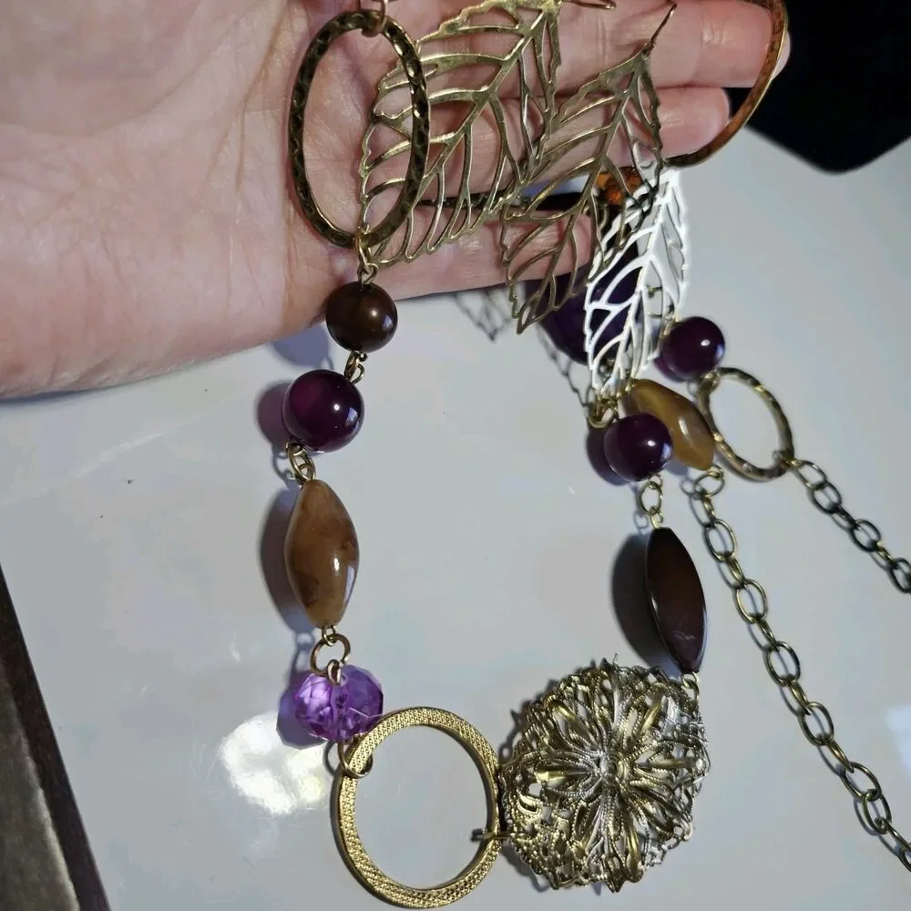 Gold Tone Autumn Colors Chunky Necklace & Leaf Earrings 42